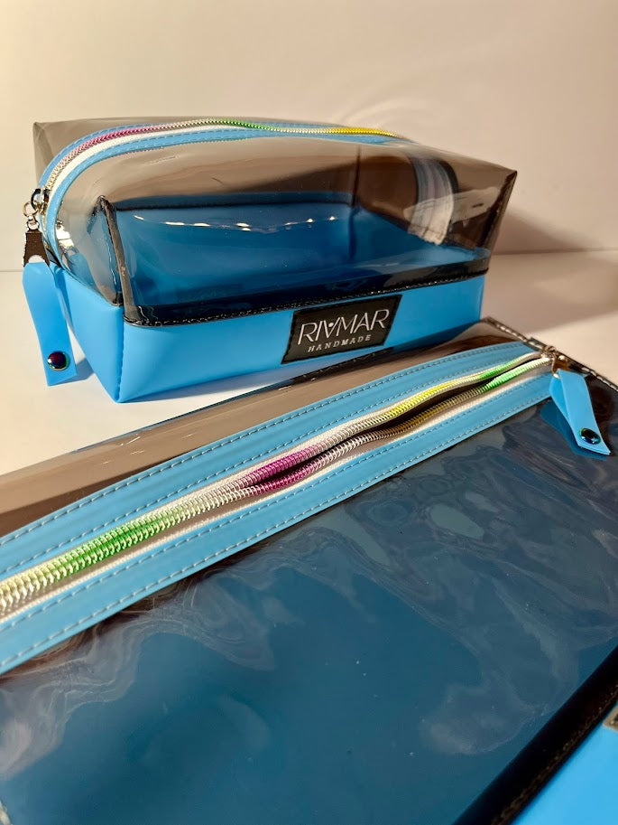 Boxy Bag Pouch - 2pc. SET OR 1 - Pouch: Black / (Hot Blue) Bottom - White/Rainbow Zipper