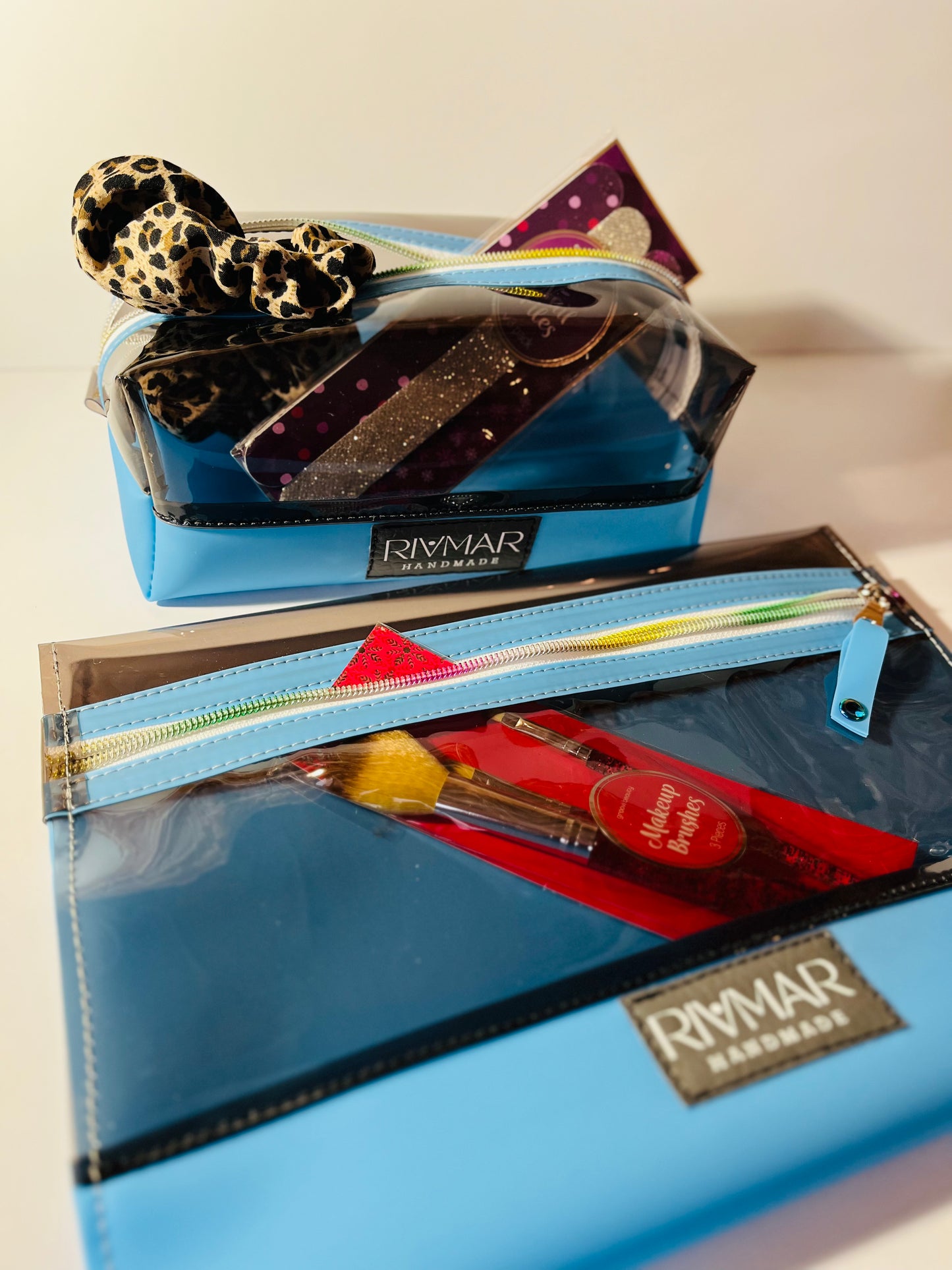 Boxy Bag Pouch - 2pc. SET OR 1 - Pouch: Black / (Hot Blue) Bottom - White/Rainbow Zipper