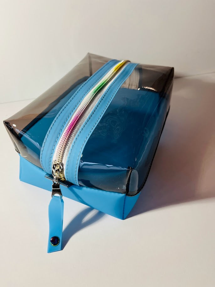 Boxy Bag Pouch - 2pc. SET OR 1 - Pouch: Black / (Hot Blue) Bottom - White/Rainbow Zipper