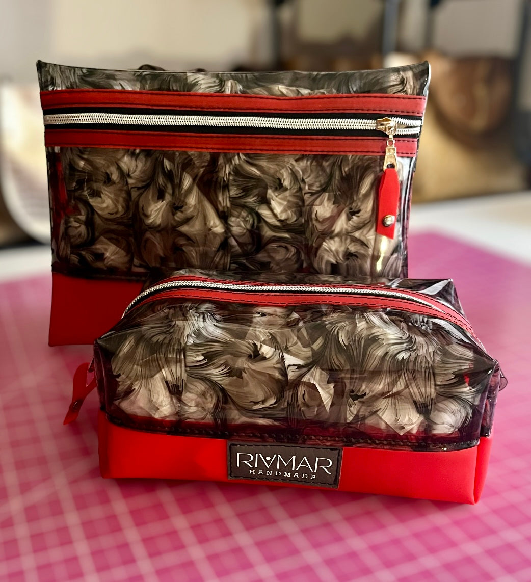 Boxy Pouch - (Black) Oil Print / (RED) Bottom - ( 1 piece or 2 Piece Set - Bundle)