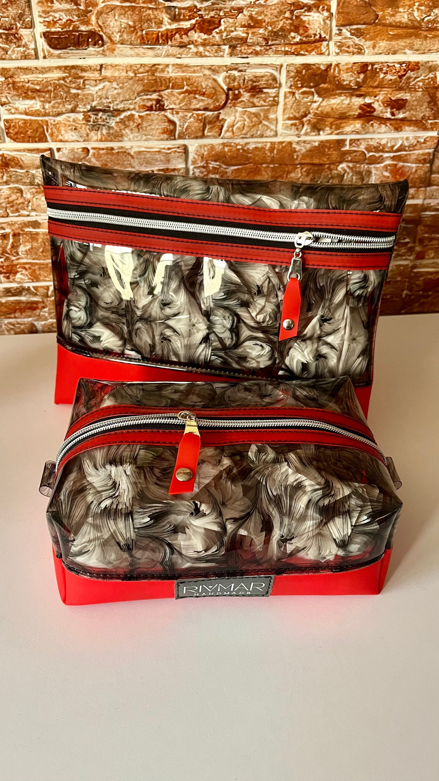 Boxy Pouch - (Black) Oil Print / (RED) Bottom - ( 1 piece or 2 Piece Set - Bundle)